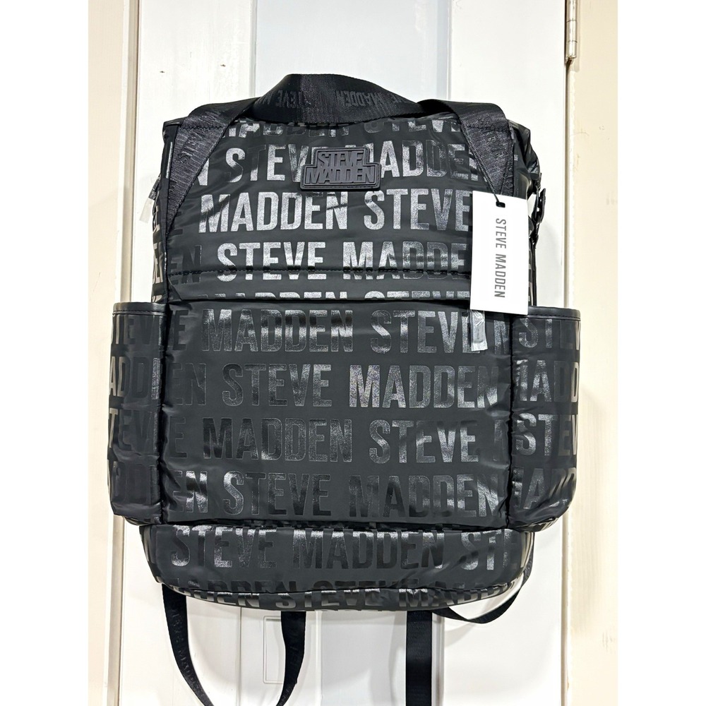 Steve Madden Tote Pack Backpack Black Logo Print Convertible Travel Bag NWT